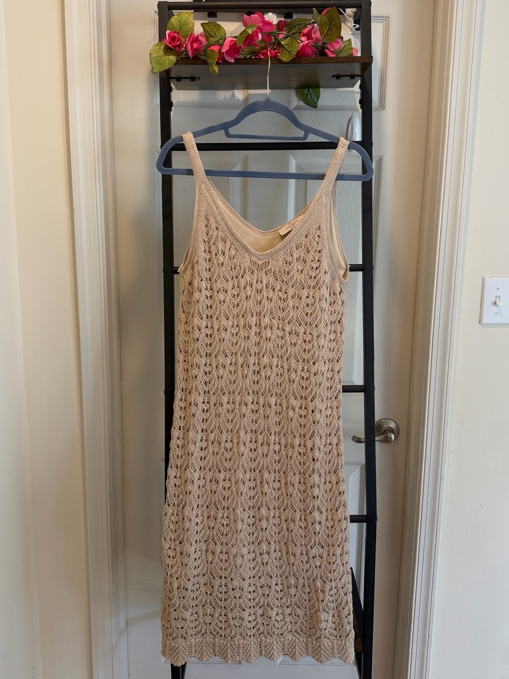 Beige Crochet Midi Slip Dress - Women's Summer Knit Dress